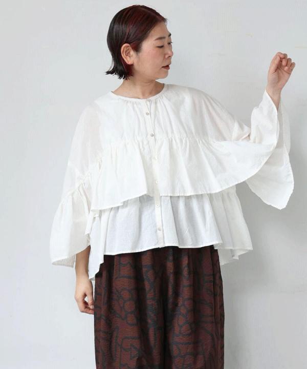 コットンシルクシャンブレー　ケープブラウス
