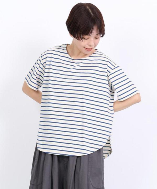スープレコットンボーダー天竺　裾ラウンド半袖T【SALE】