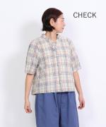シャンブレー&チェック　フリルVネックブラウス