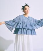 コットンシルクシャンブレー　ケープブラウス