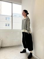 コットンリブニット　ボーダー衿付きプルオーバー