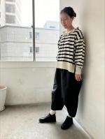 コットンリブニット　ボーダー衿付きプルオーバー